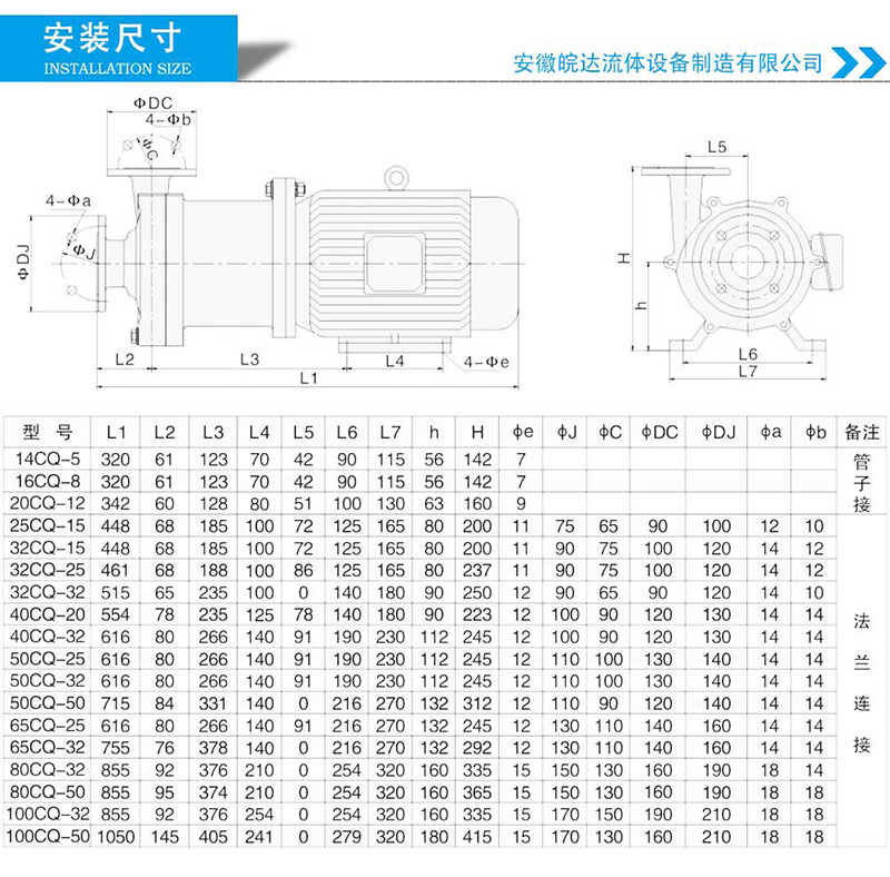 CQ不锈钢磁力泵安装尺寸
